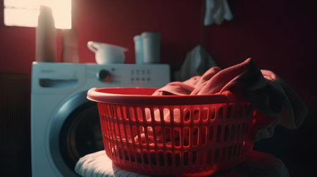 Laundry basket with towels and washing machine in the background.の素材