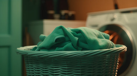 Laundry basket with green towels in front of the washing machineの素材