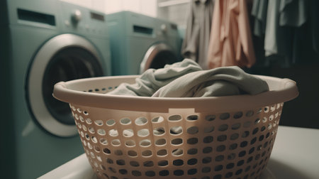 Laundry basket with dirty clothes in front of a washing machineの素材