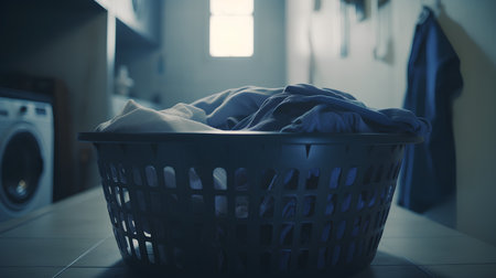 Laundry basket full of dirty clothes in front of washing machineの素材