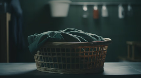 Laundry basket with dirty clothes in the bathroom. Selective focus. Toned.の素材