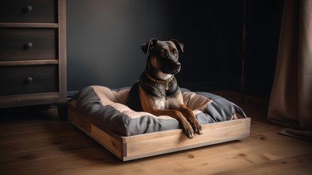 Portrait of a thoroughbred dog in a bed at home.の素材