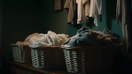 Wicker baskets with washed clothes on the shelf in the bathroom.の素材