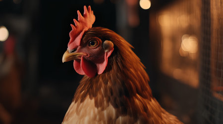 Portrait of a rooster in a chicken coop on a dark backgroundの素材