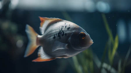 Close up view of a beautiful tropical fish swimming in an aquarium.の素材