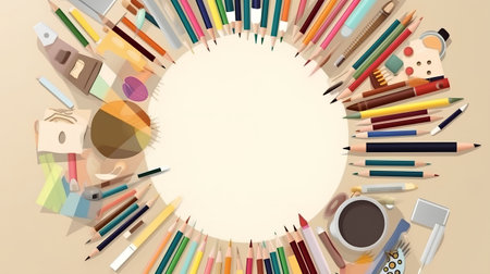 Illustration of a circle of school supplies with a place for your textの素材