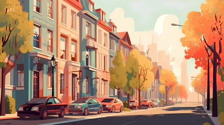 City street with row of houses and cars in autumn season. Vector illustrationの素材