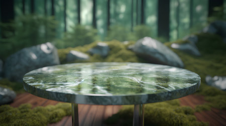 Empty top of round stone table in green forest. Mock up, 3D Renderingの素材