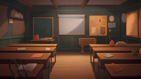 Illustration of an empty classroom in a dark room with a wooden floorの素材