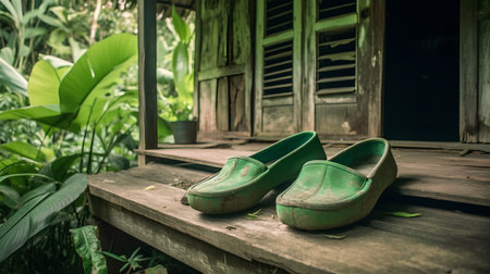 Green shoes on a wooden floor in the garden, vintage style.の素材
