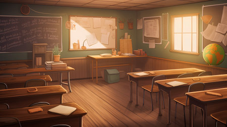 Classroom interior with desks and chairs. Vector illustration. Eps 10.の素材