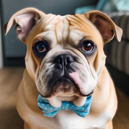 Portrait of English Bulldog wearing a bowtie and looking at the cameraの素材