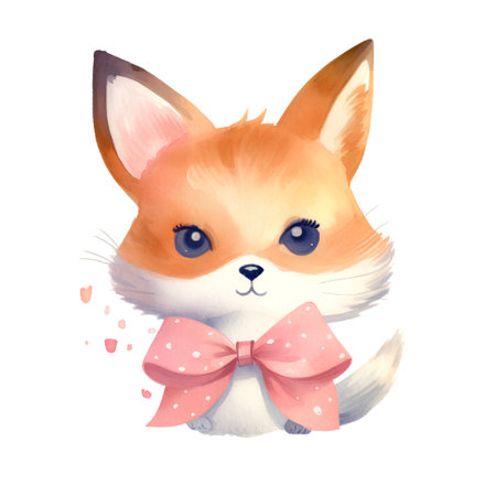 Cute fox with bow. Watercolor illustration on white background.の素材