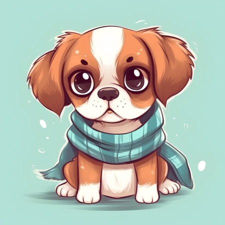 Cute cartoon dog with scarf isolated on blue background. Vector illustration.の素材