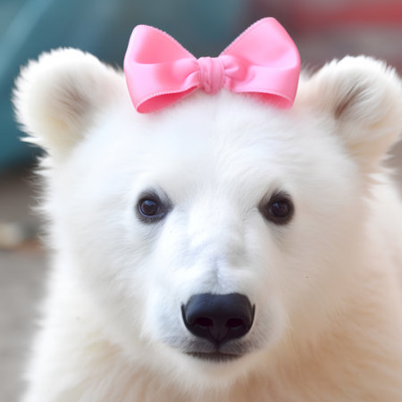 Polar bear with a pink bow on her head, close-upの素材