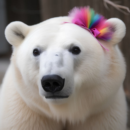 Polar bear head with colorful hairband, close-up portraitの素材