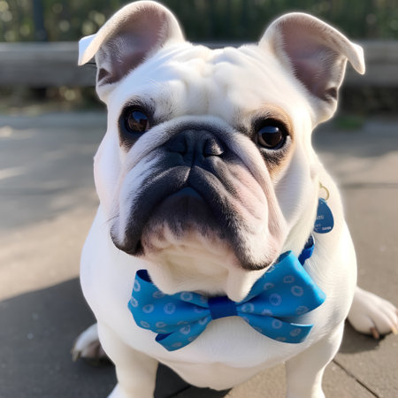 Portrait of a cute English Bulldog wearing a blue bow tieの素材