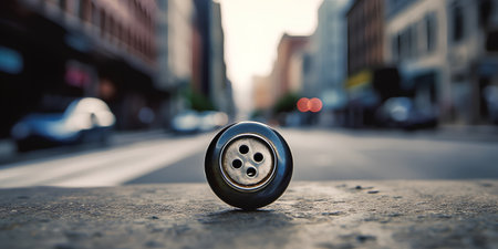 Close up of a car tire on the road in the city.の素材