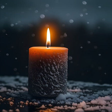 Burning candle on a dark background with snow and falling snowflakesの素材