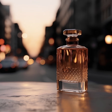 perfume bottle on the background of a city street at sunsetの素材