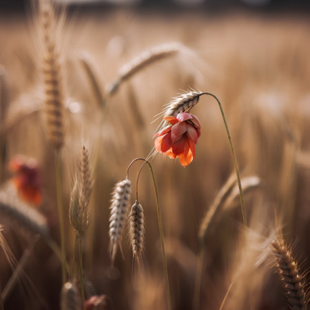 Field of wheat with poppies in the morning light. Shallow depth of field.の素材