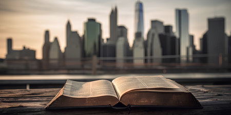 Open book on wooden table with city skyline background, vintage filter effectの素材