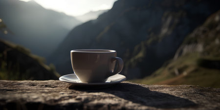Cup of coffee on a mountain peak in the rays of the setting sunの素材