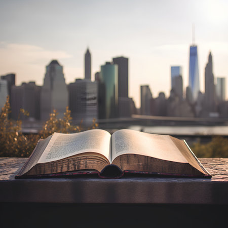 Open book on the table with a city view in the background.の素材
