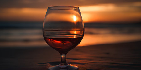 Wine glass on the beach at sunset. Selective focus.の素材