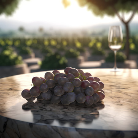 Ripe grapes on the table in vineyard. 3d renderingの素材