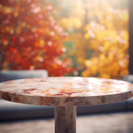 Empty top of natural stone table in front of abstract blurred background. For product displayの素材