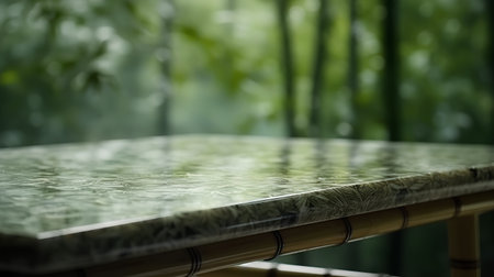 Bamboo table top on blurred nature background with bokeh imageの素材