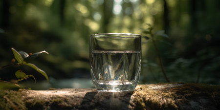Glass of clean water on the background of green forest. Selective focus.の素材