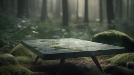 Stone table in the forest with foggy background, 3d renderの素材