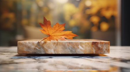 Autumn maple leafle podium with blurred bokeh backgroundの素材