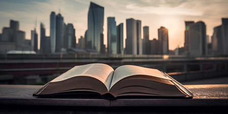 Open book on the table in front of the city skyline background.の素材