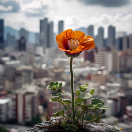 A poppy flower on the background of a panoramic cityscapeの素材