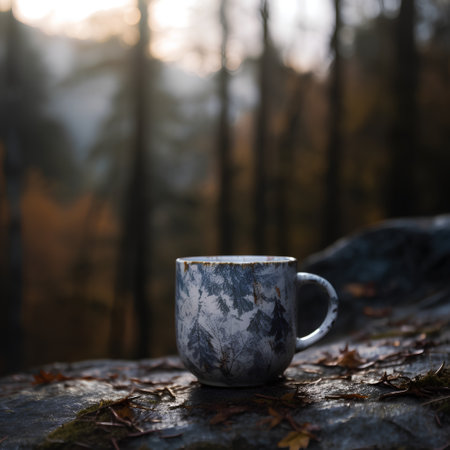 Coffee cup on a rock in the autumn forest at sunsetの素材