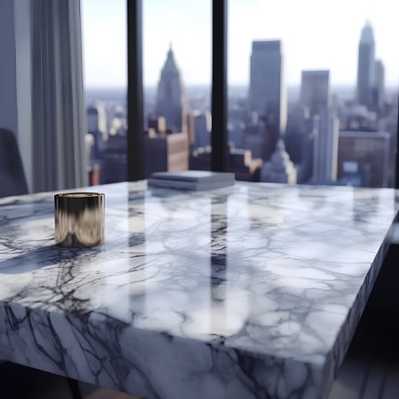 3d render of a luxury hotel room with marble table and city viewの素材