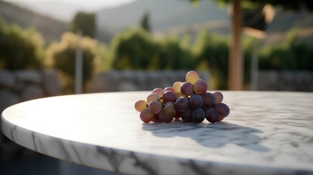 Bunch of grapes on a white marble table in a vineyardの素材