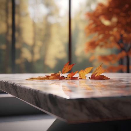 3d render of autumn leavesle table in front of windowの素材