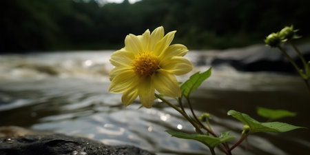 Yellow dahlia flower on a background of a mountain river.の素材
