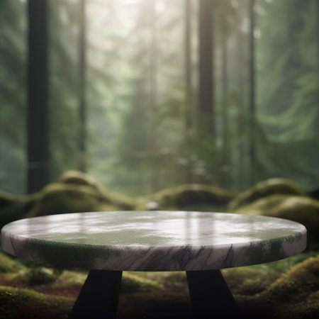 Empty white marble table in the forest. 3d render illustration.の素材