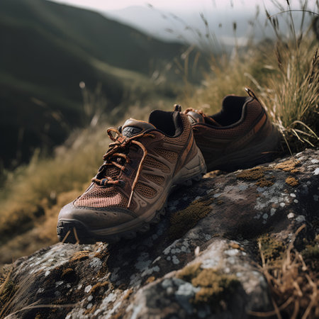 A pair of hiking shoes standing on a rock in the mountains.の素材