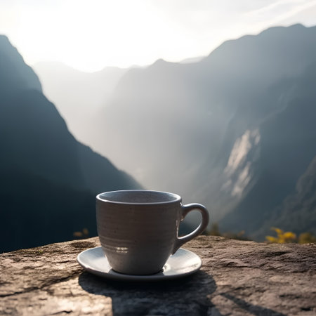 Cup of coffee on the top of the mountain at sunrise.の素材