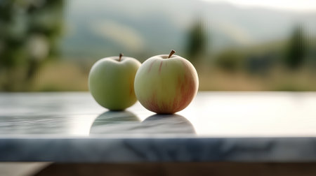 Two apples on a table in the garden. Selective focus.の素材
