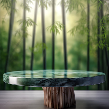 Empty round marble podium on the background of bamboo forest. 3d renderingの素材
