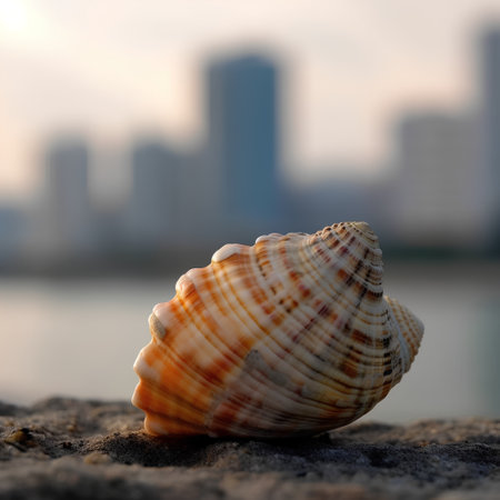 Seashell on the background of the city. Shallow depth of fieldの素材