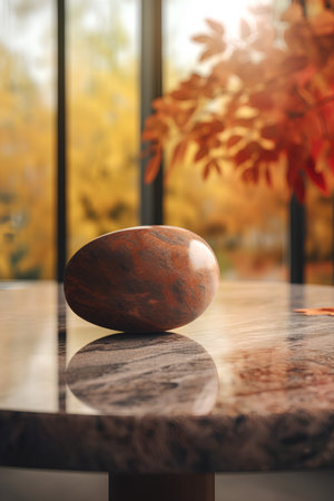 Closeup of stone on wooden table in front of window with autumn leavesの素材