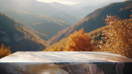 Empty marble table top with autumn nature landscape background. For product displayの素材